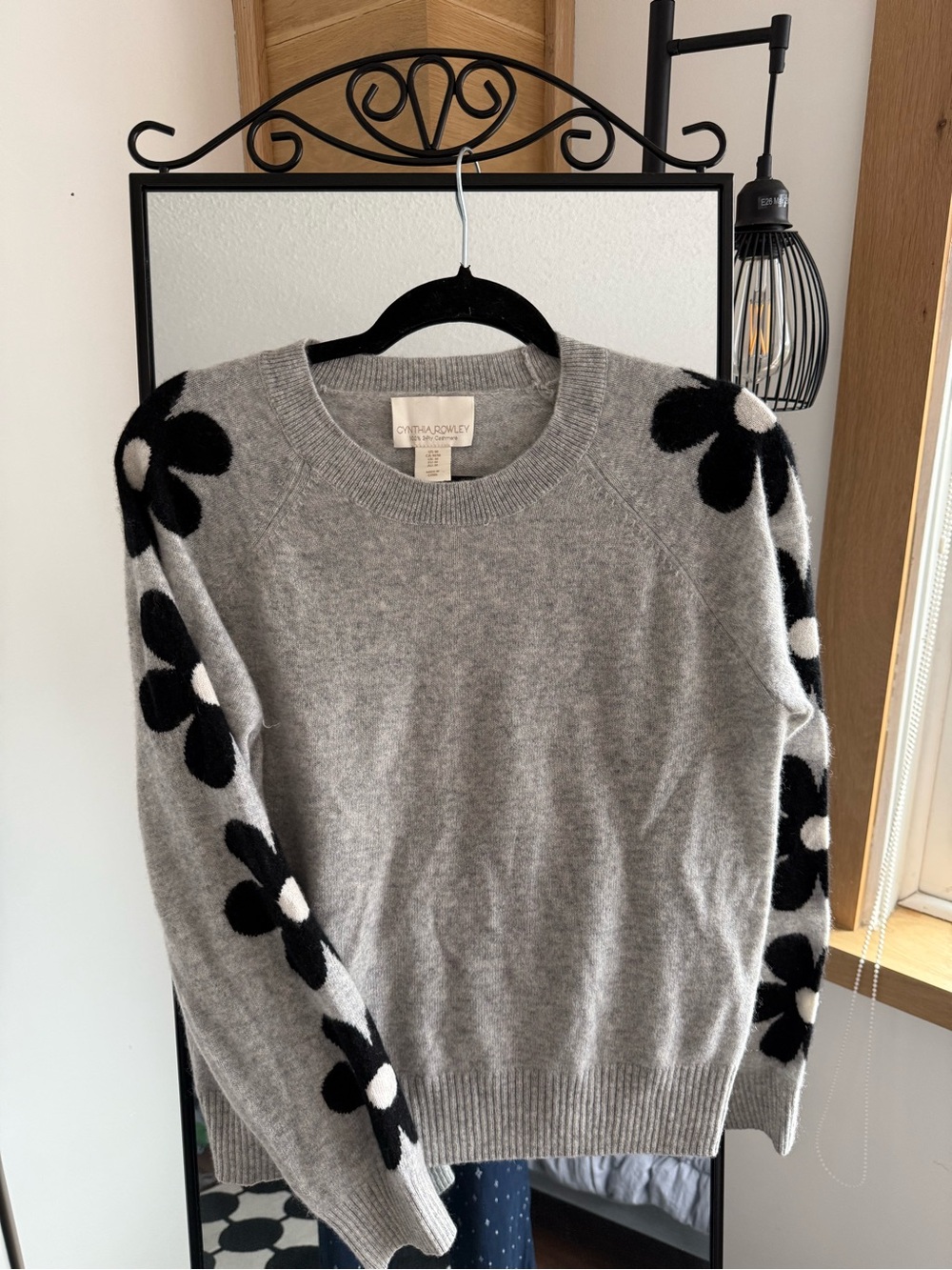 Cynthia Rowley Gray Crewneck Sweater with Black and White Floral Sleeves